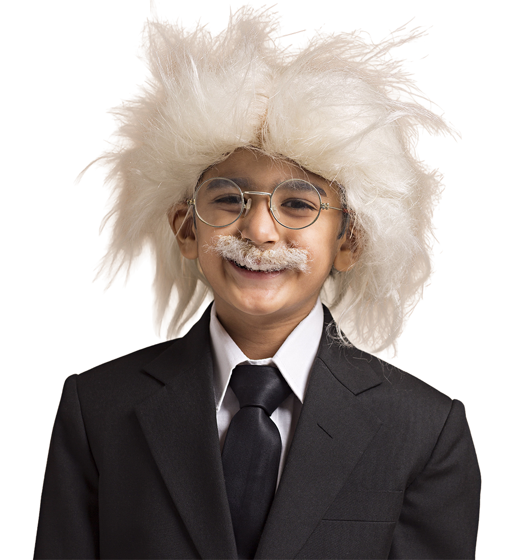 A smiling young thinker dressed as Einstein